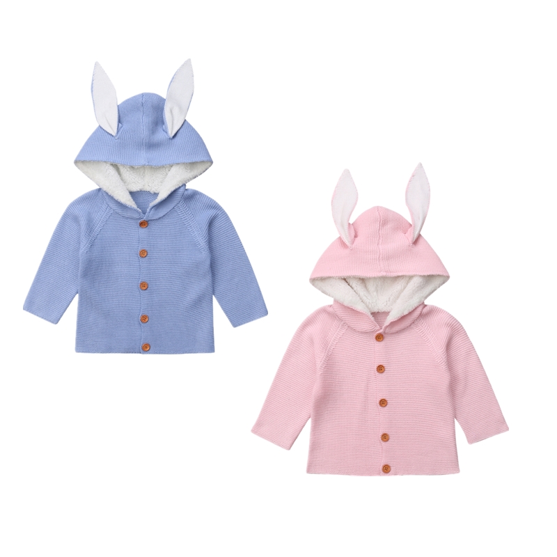 

Newborn Toddler Kids Striped 3D Ear Hooded Jackets Coats Baby Girls Boys Cotton Winter Knitted Buttons Cardigans Coat Outerwear, Pink