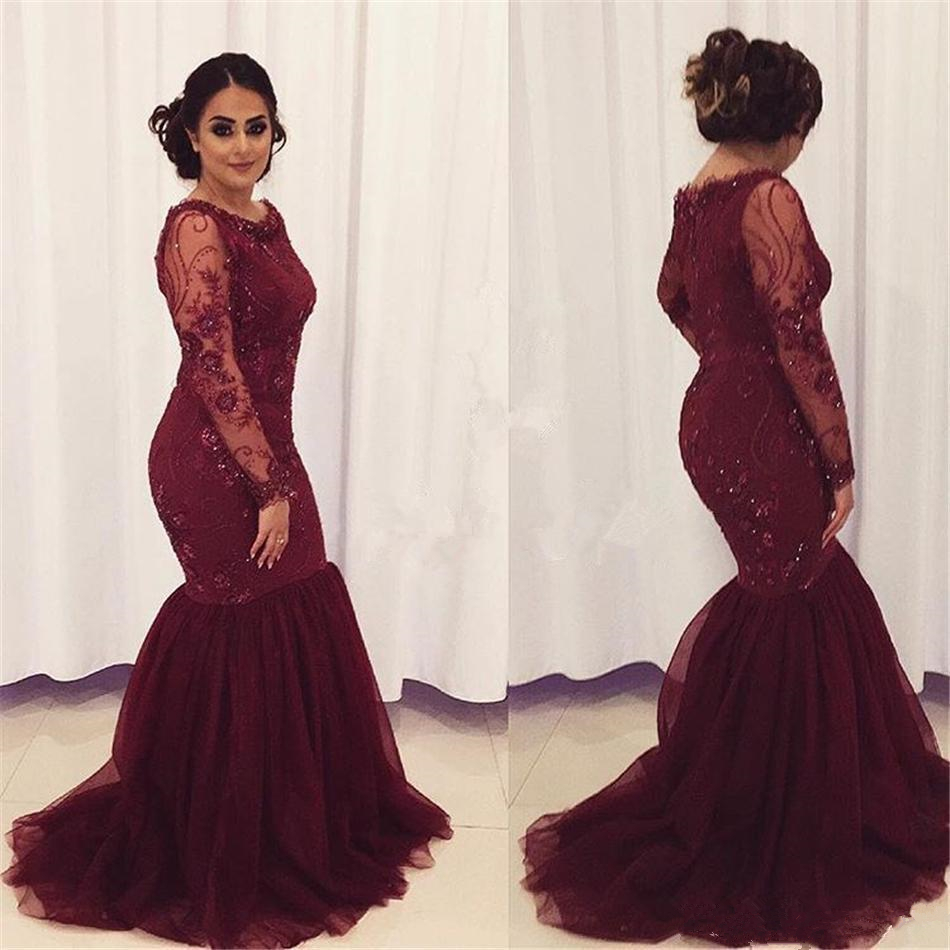 

Mermaid Burgundy Mother of the Bride Dresses 2019 Long Sleeve Beadings Lace Tulle Ladies Fomal Evening Dress Prom Gown Wedding Party
