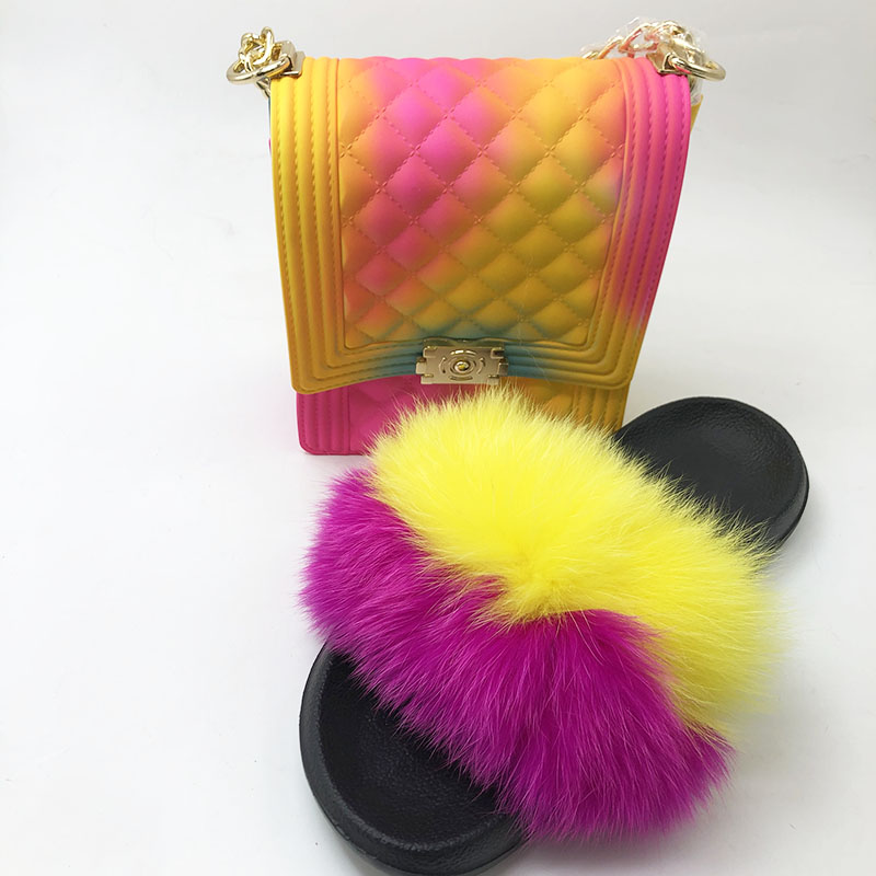 

Fashion Women Fur Slippers Set-Handbag Furry Real Fur Slides Shoes Rainbow Colorful Jelly Shoulder Bag Candy Crossbody Purse, As shown
