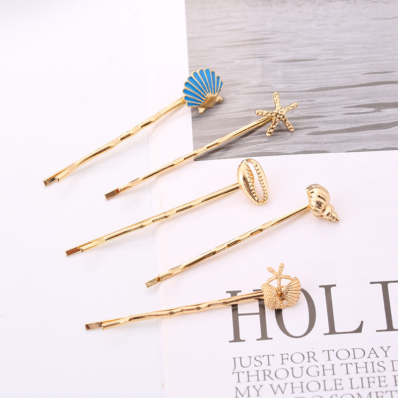 

2pcs/set Ocean Series Women Gold Metal Hairpins Starfish Shell Hair Clips Barrette Bobby Pins For Women Girls Hair Accessories, 3c