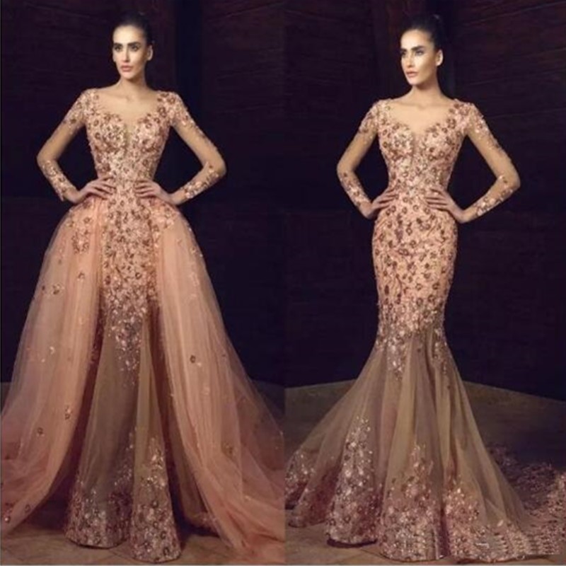 

2019 Mermaid Overskirts Prom Dresses Long Sleeves Flower Embroidery Beaded Evening Dress Formal Dress vestidos de fiesta Women Party Gowns, Red