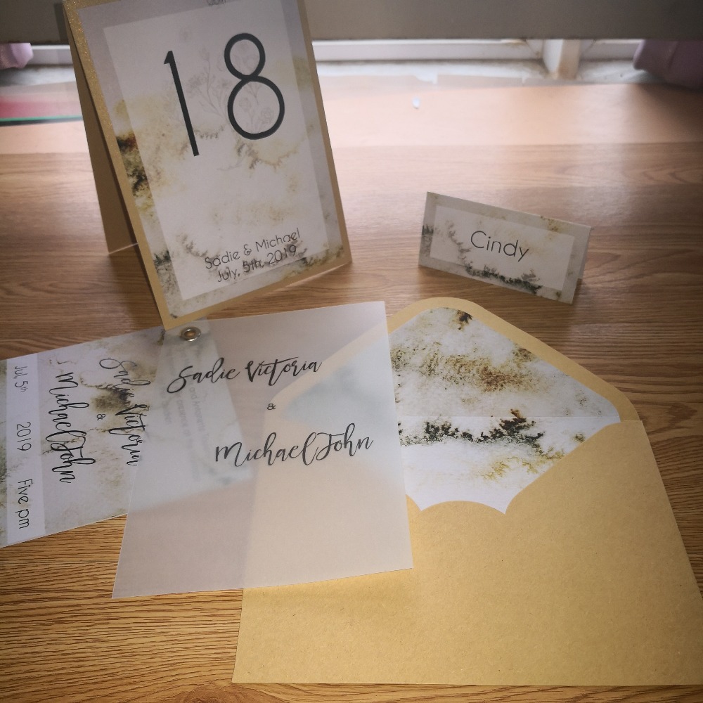 

Personalized spring marble theme with vellum invitation in pin table number place card set