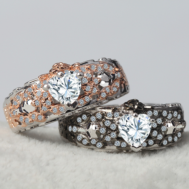 

Heart Stone Two Tone Silver And Rose Gold Color Women Rings Hollow Out Rose With Skull Engagement Wedding Rings Jewelry bague
