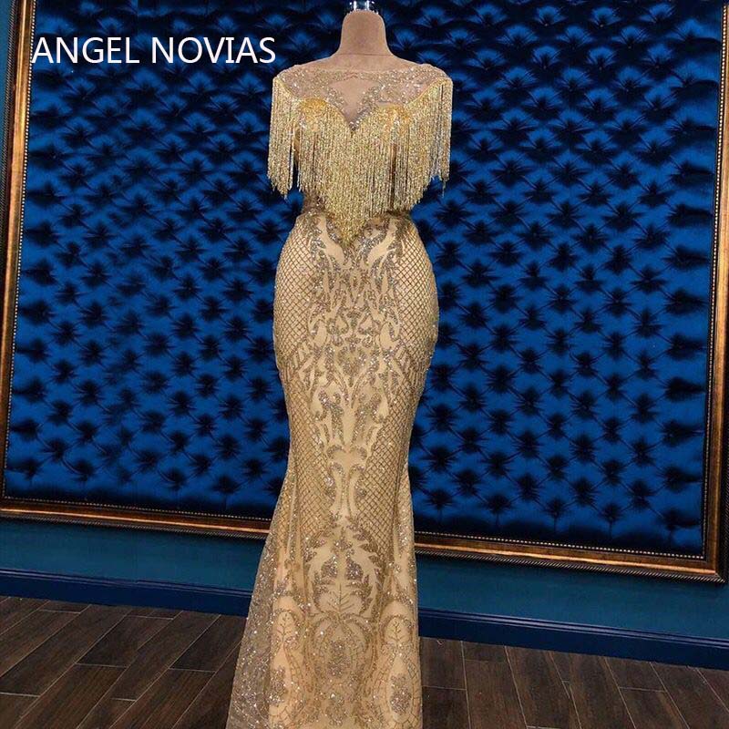 

Angel Novias Long Mermaid Gold Embroidery Lace Arabic Abendkleider Evening Dress 2019 with Crystals Tassels Vestidos De Noche, Black