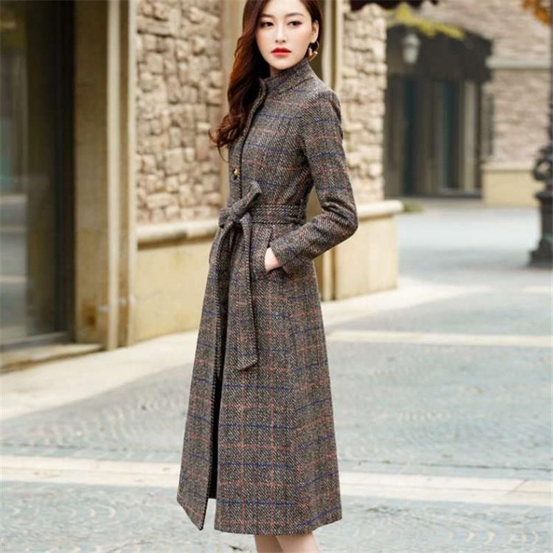 

Woolen Coat Women Classic Long Wool Coats Button Wool Trench Jackets Winter Outerwear Plaid Women Coats, Brown