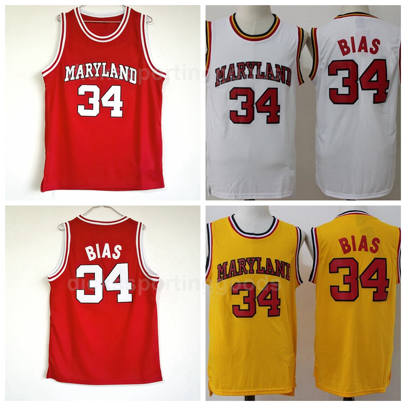 

NCAA College 1985 Maryland Terps 34 Len Bias Jersey Men University Red Yellow White Basketball Uniform For Sport Fans High Quality