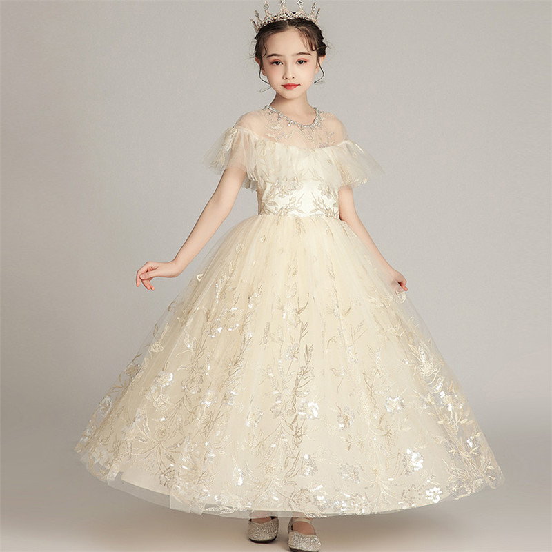

2020Summer New High Quality Pageants Dress For Girls Children Elegant Birthday Wedding Party Dress Model Show Cloth, Champagne long