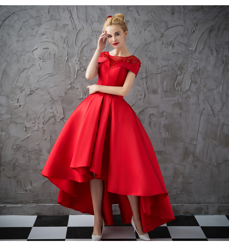 

Red Hi Lo Prom Dress with Pockets Satin Sheer with Beading Tea Length Satin Evening Gowns Formal Dresses Lace-up Back, Ivory