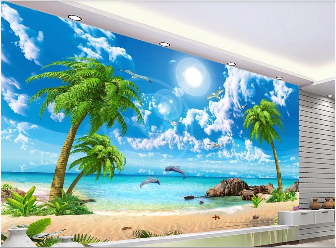 

3d room wallpaper on a wall custom photo mural High definition beautiful dream seascape coconut tree beach scenery wallpaper for walls 3 d, Non-woven fabric