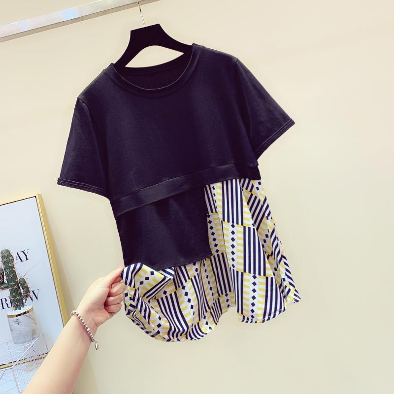 

Irregular Stitching Short Sleeve Cotton T-shirt Female Summer Top Loose Shirt Girls Lady' T Shirts Loose Tshirt, Black