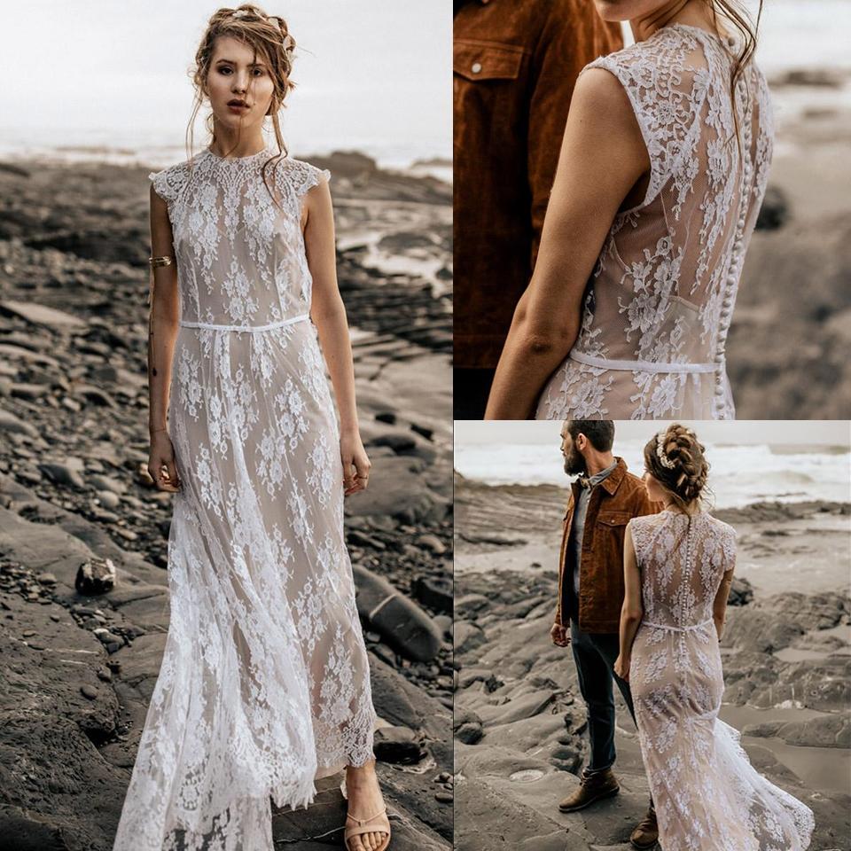 Setwell Jewel Sheath Wedding Dresses Cap Sleeves Fully Lace Appliques Floor Length Beach Bridal Gowns With Belt