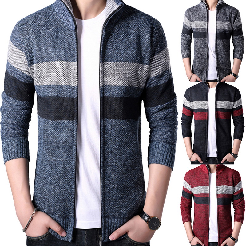 

Autumn and winter men's Casual thickening plus velvet stand collar sweater coat Men stripe zipper Knitwear Cardigan Coat Tops, Blue