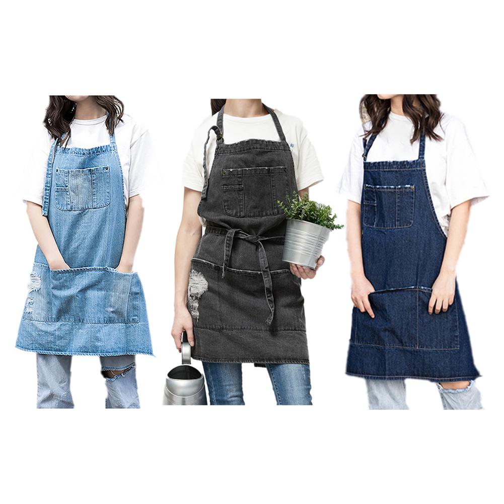 

Denim Apron Kitchen Cooking Apron Flower Shop Cafe Working Wear Resistant Baking Painting Aprons With Adjustable Strap