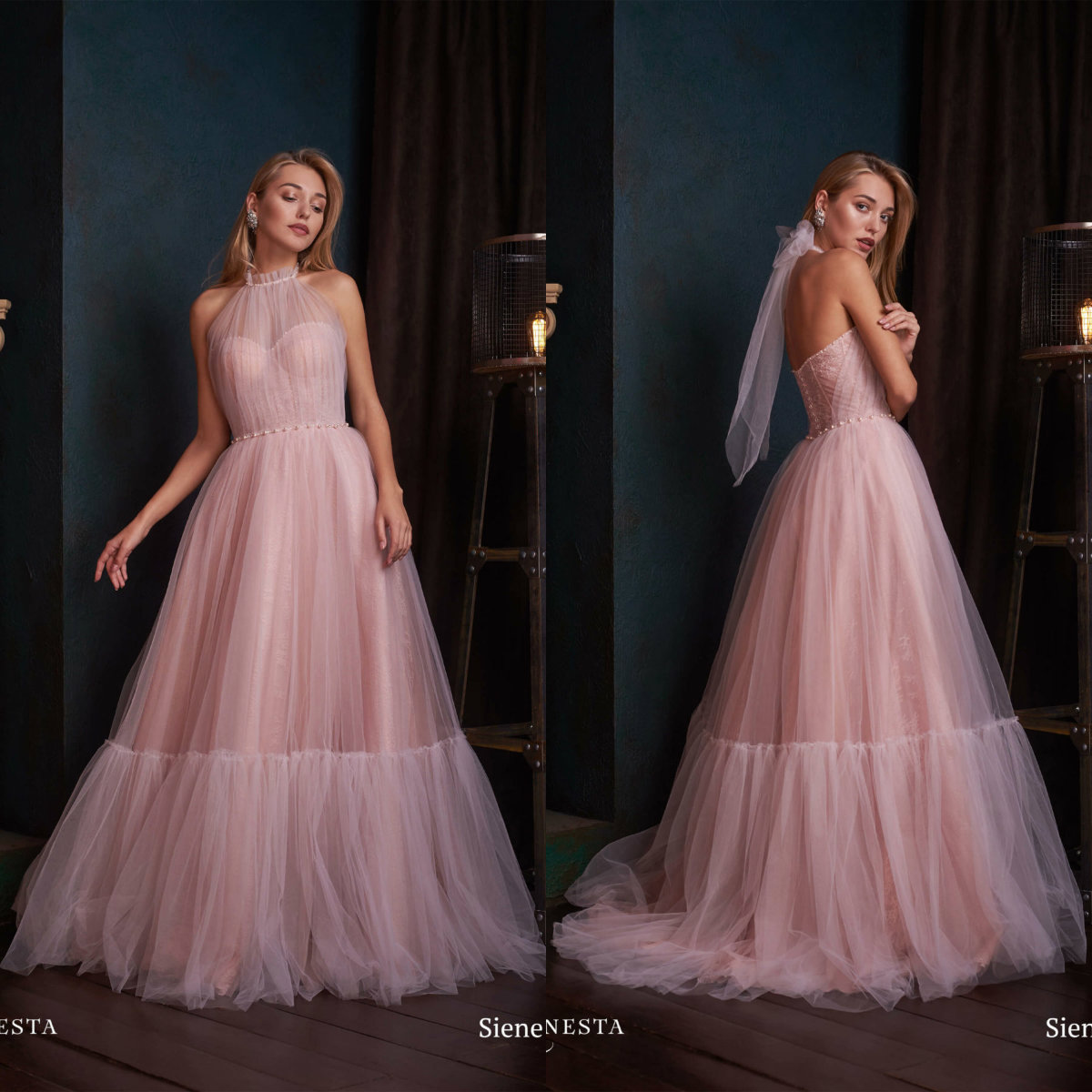 

2020 Allegresse Light Pink Evening Dresses Tulle Halter A Line Fairy Prom Dress Half Backless Custom Made Cocktail Party Gowns, Ivory