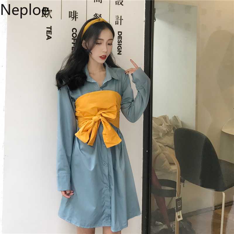 

Neploe Vintage Elegant Medium-long Blouse Dress 2020 Spring Long Sleeve Shirt Bow Bandage Two Pieces Blusas Tops Dresses 59099, Blue