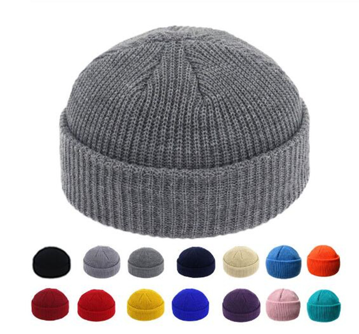 

Brimless Hats Hip Hop Beanie Skullcap Street Knitted Hat Women Men Acrylic Unisex Casual Solid Pumpkin Portable Melon Cap T502, White