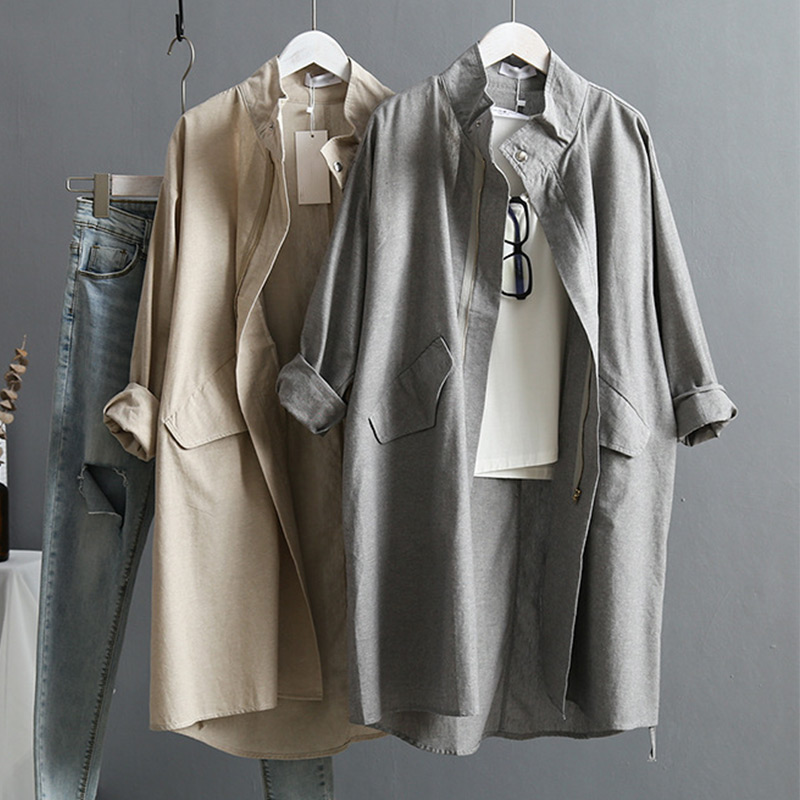 

Women Cotton Linen Vintage Zipper Trench Coats Long Sleeve Zipper Turn Down Collar Ladies Coat 2019 Autumn Winter Streetwear Top, Gray