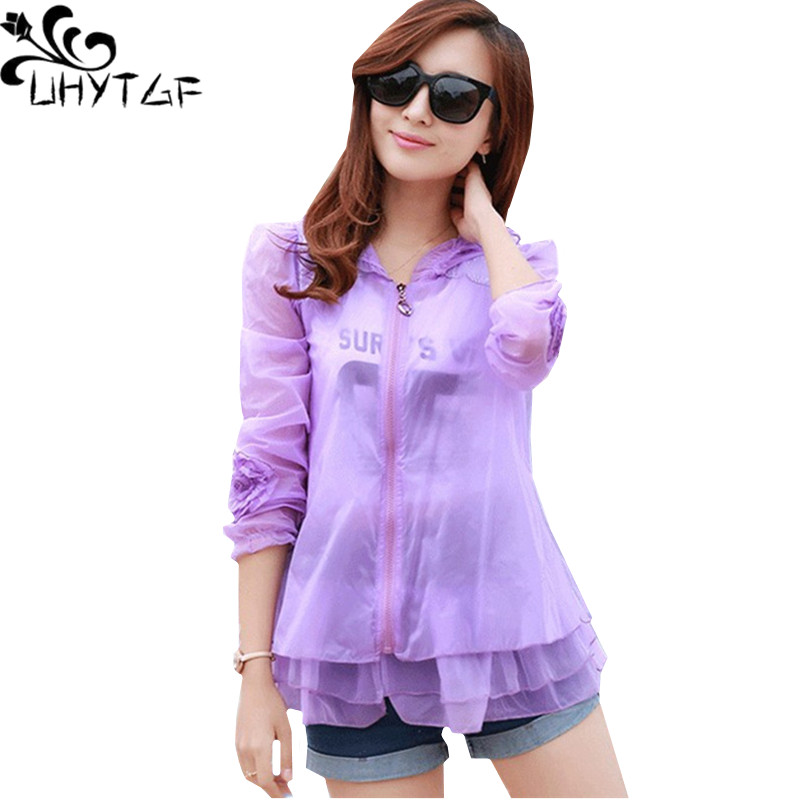 

UHYTGF Womens summer tops Sun protection clothing short coats New Fashion ruffled hooded breathable Anti-UV thin female coat 518, Light blue