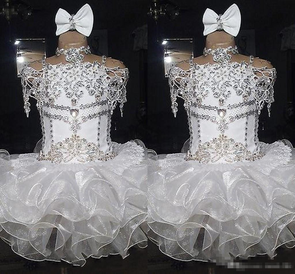 

White lace beaded halter short sleeve bow organza ball gown cupcake toddler little girls pageant dresses flower girls for weddings glitz, Red