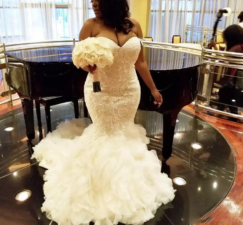 

African Plus Size Wedding Dresses Sweetheart Ruffles Mermaid Wedding Dress Lace Up Back Tulle And Lace Bridal Gowns Dubai Arabic Vestidos, White