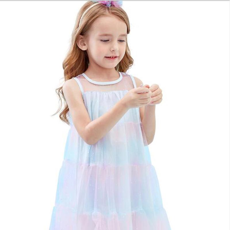 

Summer 2020 new girl puffy princess skirt brand children's clothing gradient sequined mesh sleeveless dress, Blue