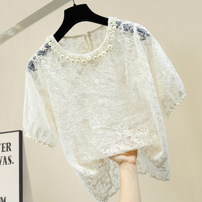

Lace Blouse Women 2020 New Fashion Handmade Large Pearl Beaded Round Neck Loose All-match Lace Shirt Sexy Perspective Shirt Tops, White