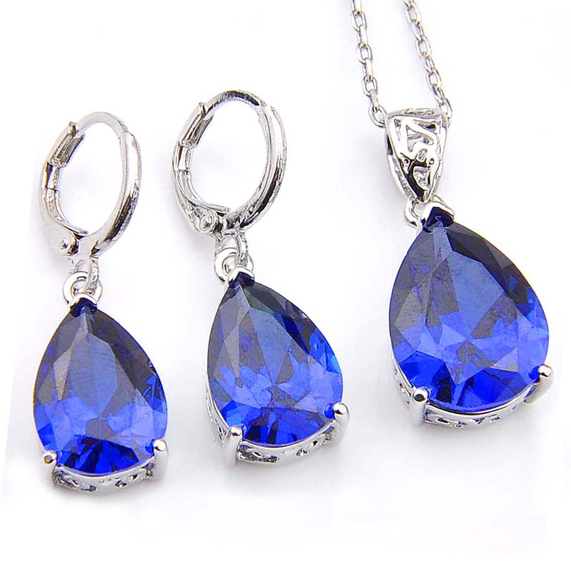 

LuckyShine 5 Sets Dark Blue Party Dress Jewellery Drop Blue Topaz Pendants &Earrings 925 Silver Necklaces Wedding Jewelry Sets