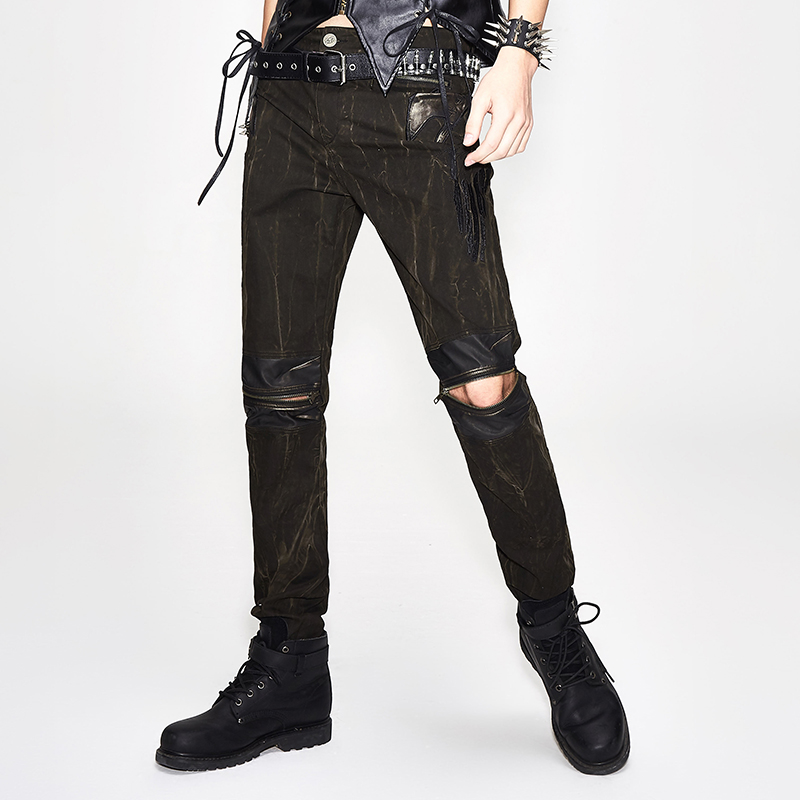 

Devil Fashion Punk Men' Black Trousers Studded Metal Hole Jeans Black Wild Pants