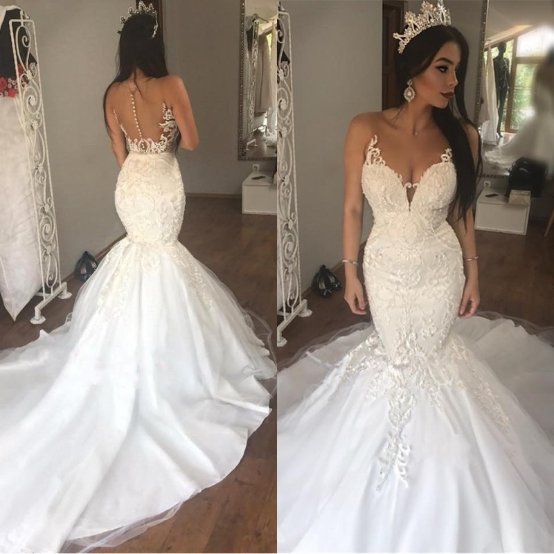 

2022 Arabic Sleeveless See Through Tulle Sexy Mermaid Wedding Dresses Beads Appliques Bridal Dress with Long Train BA9349, Black