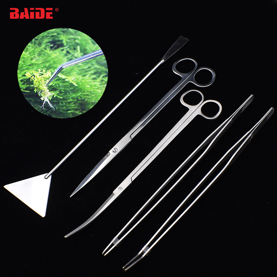 

5 in 1 Aquarium Tools Set Stainless Steel Curved Scissors 27cm Tweezers for Big Fish Tank Aquatic Plant Cleaning Tool 60set/lot