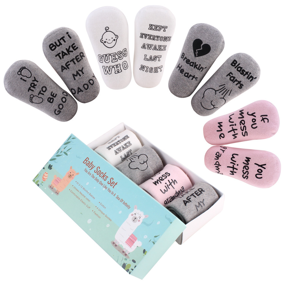 

A774 Europe Infant Babies Socks Baby Letters Sock Kids Cute Cotton Socks Baby Socks 4 Colors, 4 colors/set