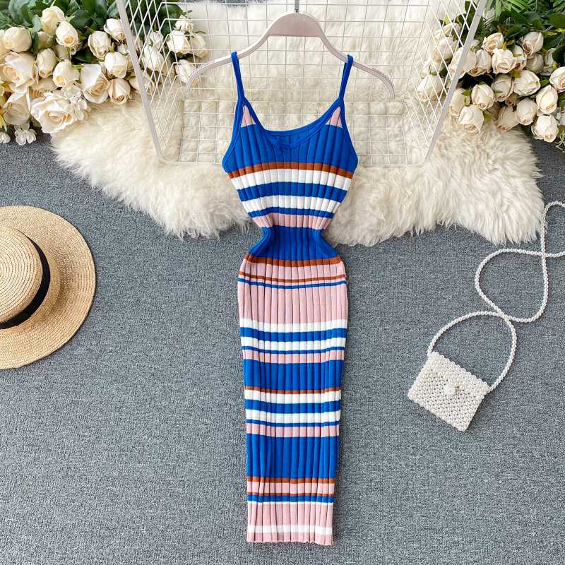 

Women Patchwork Color Stripe Dress New Summer V Neck Spaghetti Strap Sexy Bodycon Dresses Ladies Elegant Knitted Pull Dress