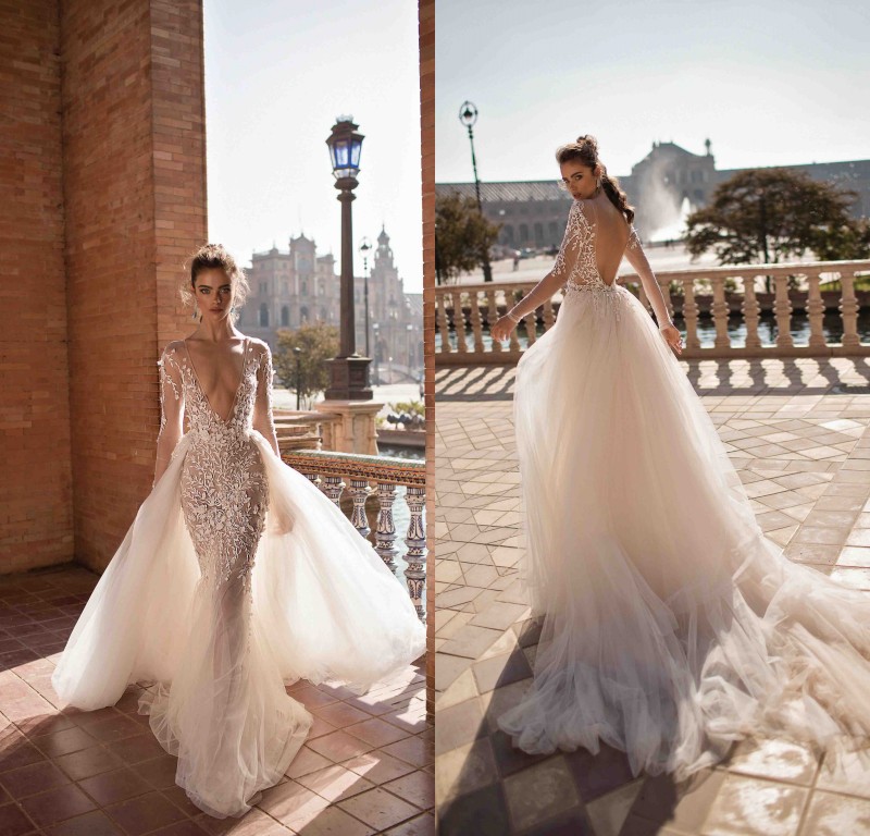 

2019 New Berta Mermaid Wedding Dresses with Detachable Train Sexy Deep V Neck Backless Long Sleeve Wedding Dress Appliqued Lace Bridal Gown, Silver