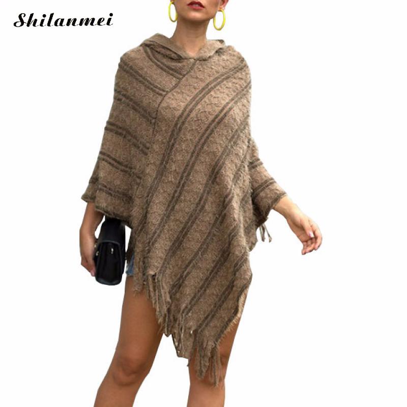 

Women Winter Knitted Cloak Sweater Coat European Weave Tassel Irregular Coffee Striped Partywear Sweters Women Invierno 2019, Beige