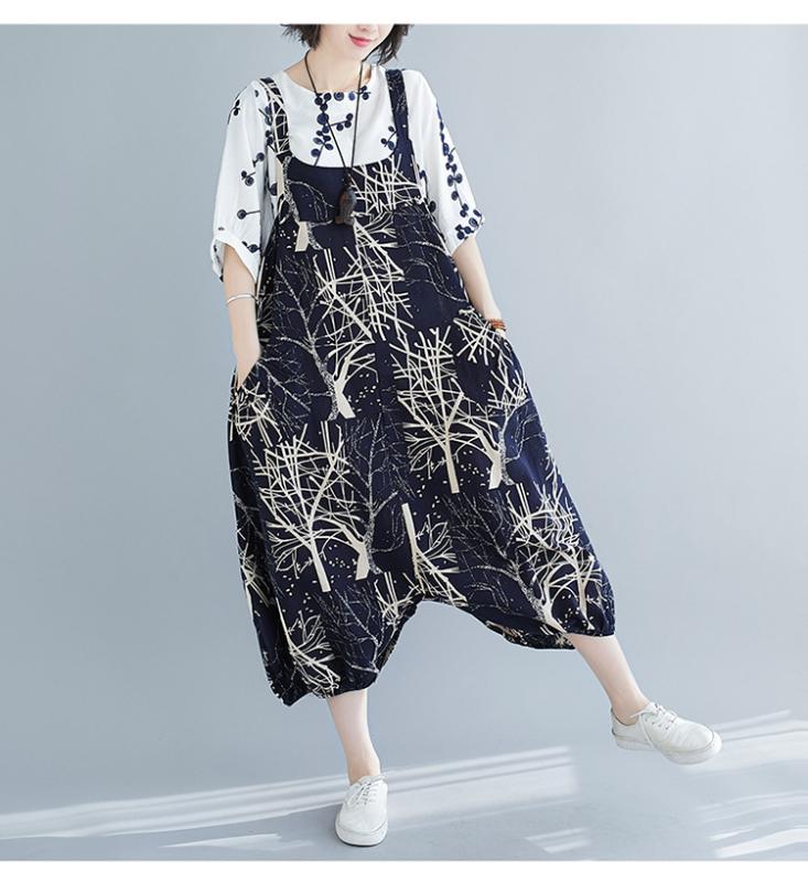 

Free Shipping Plus size cotton and linen jumpsuits 2020 summer new fresh cotton and linen printed jumpsuits wide leg pants, Red
