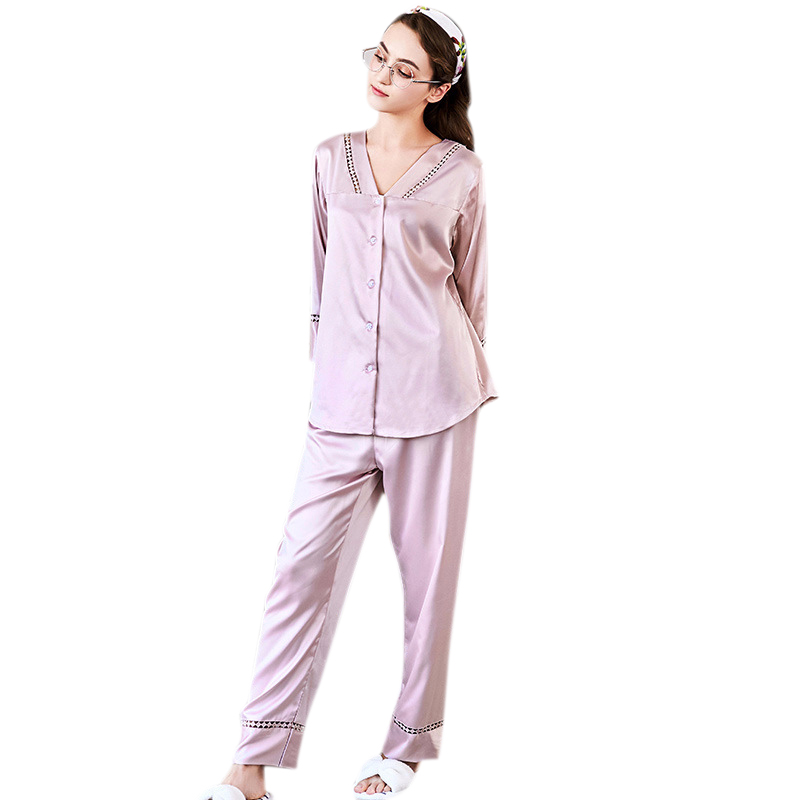 

Autumn Spring Ladies Pajamas Casual Home Women Silk Long Sleeve V Neck Pajamas Sets Suits