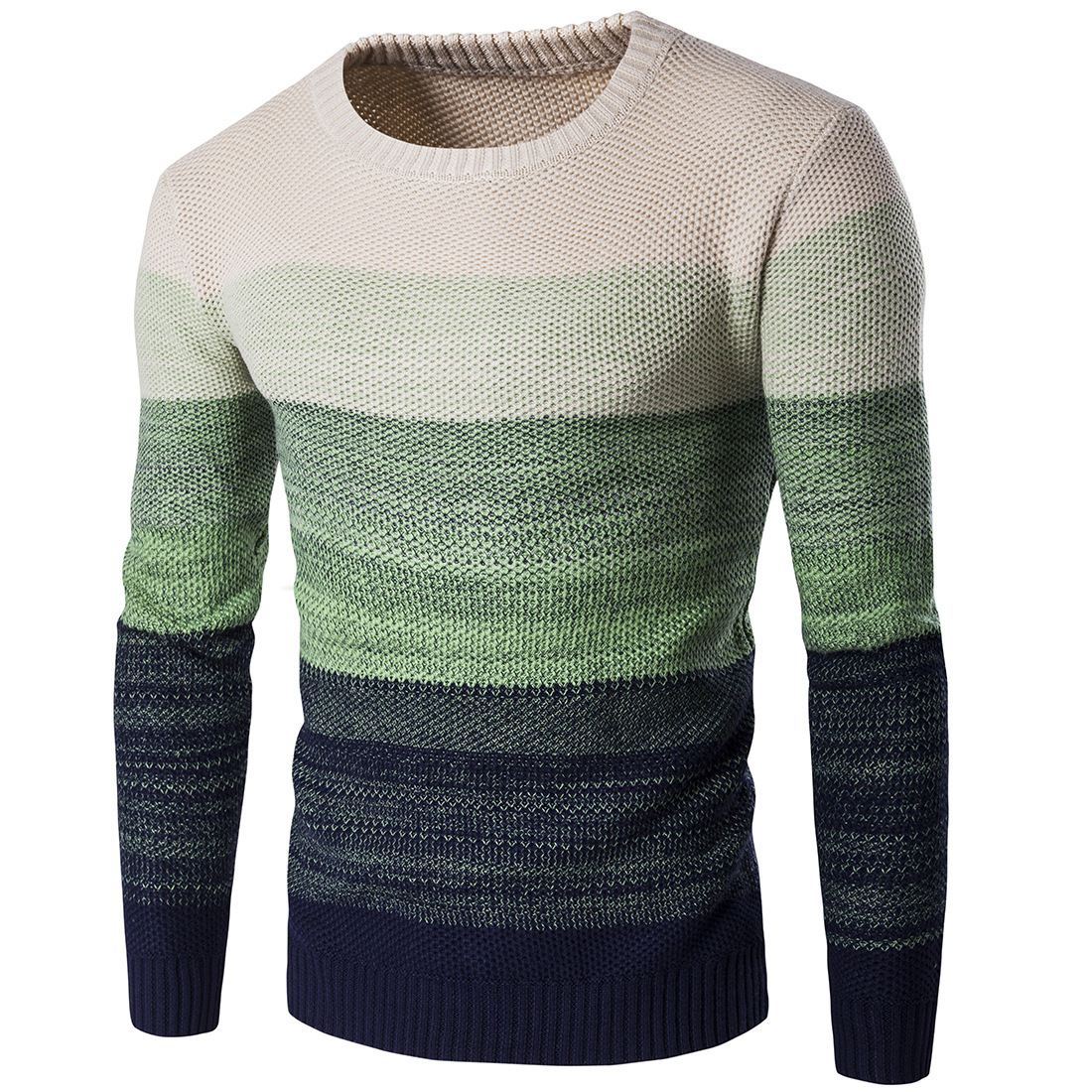 Mens Slim Sweaters Gradient Crew Neck Knitted Tops Winter Spring Casual Fashion Fit Striped Sweaters Contrast Color