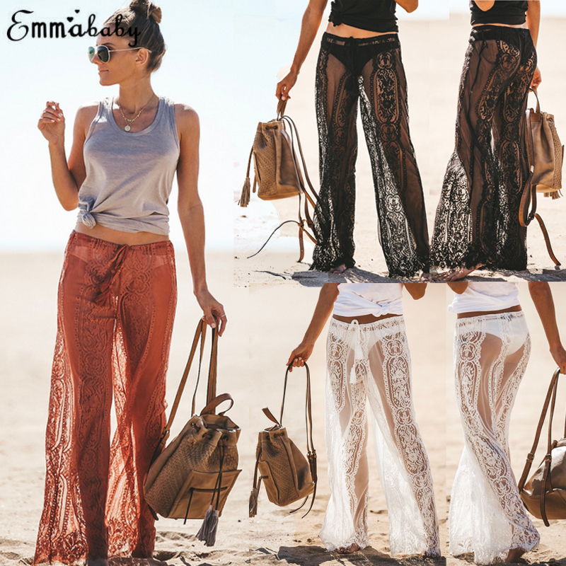 women lace summer beach see through pant Women Lace Bell Bottoms Flare Trousers Mid Waisted Wide Leg Long Pants-image-480581832
