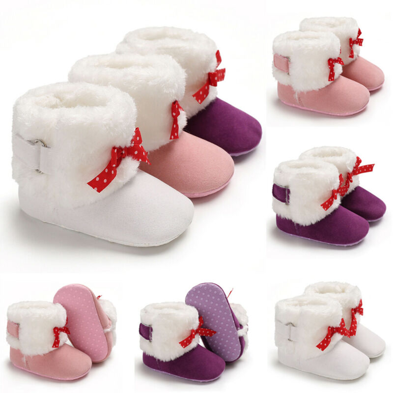 

New Toddler Baby Girl Winter Warm Boots Snow Booties Slippers Solid Fur Slip-On Bow Cotton Furry Shoes 0-18M, Pink