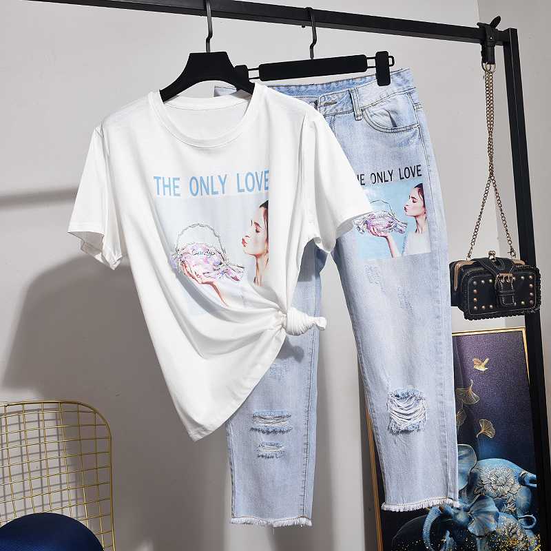 

Summer New Fashion Women Sequin Letter Print T-shirt Holes Jeans Pants Set Loose Casual Korean Tops Tee shirt Denim Suit Female, White