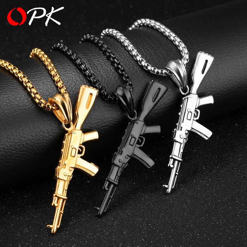 

Stainless Steel Hip Hop AK47 Assault Rifle Necklace Men Punk Gold and Silver Titanium Steel Gun Necklace Jewelry