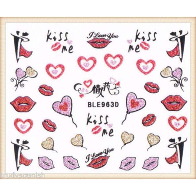 

1pcs Nail Art Stickers Decals Nail Transfers Valentines Lips Bows Love Hearts Decor DIY Manicure New, White
