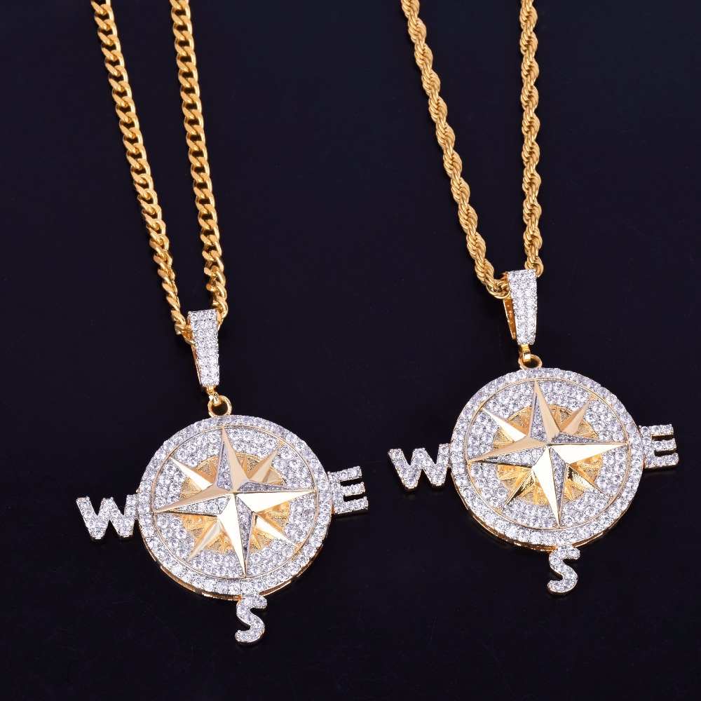 

Compass Shape Necklace & Pendants Gold Silver Color Iced Cubic Zircon Men's Hip hop Jewelry With rope Chain