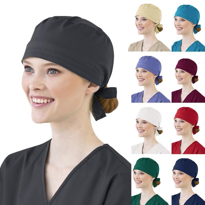 Women Cotton Bandage Adjustable Scrub Cap Sweatband Bouffant Hat Men Adult Men Outdoor Protective Cap Hat Solid Color Black