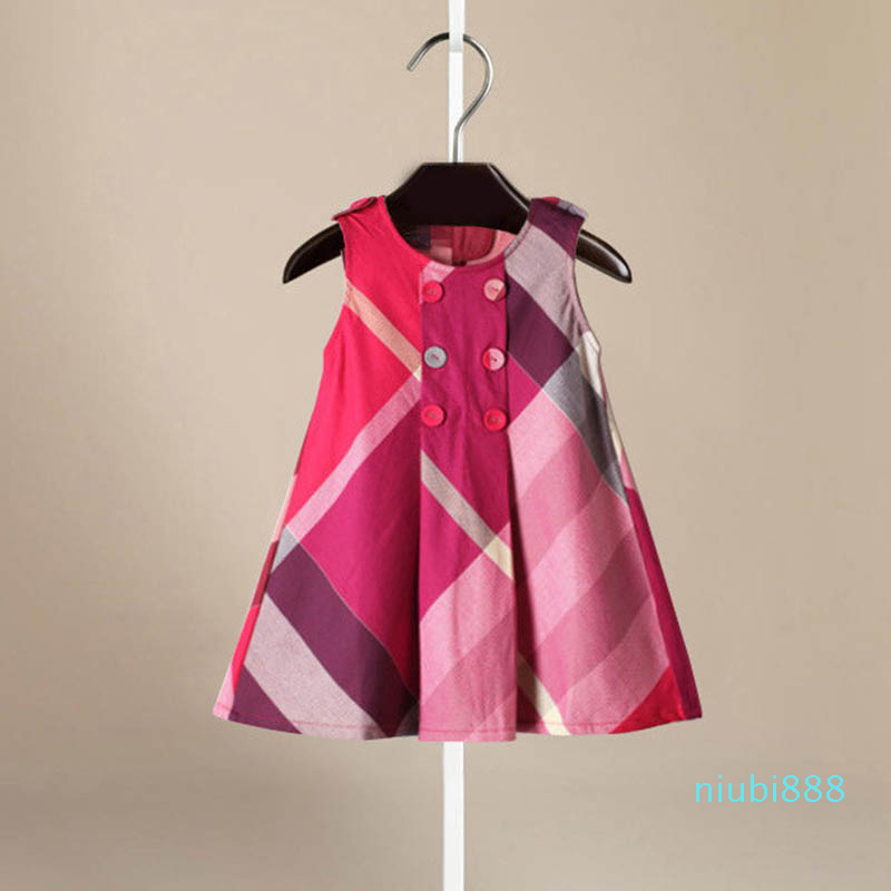 

New Arrival Summer Girls Sleeveless Dress Hot Sale 5 Colors High Quality Cotton Baby Kids Big Plaid Dresses., Red;yellow