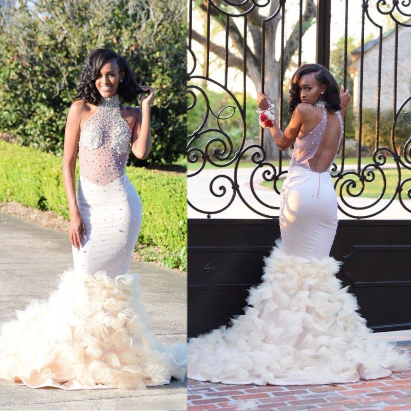 

Luxury Prom Dress African Evening Gowns Sexy Halter Sleeveless Backless Mermaid Beaded Ruffles Skirt Formal Party Wear robes de soirée, White