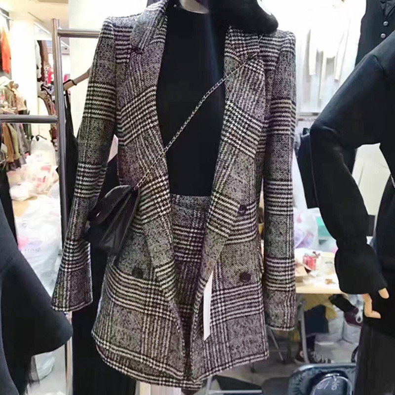 

Hot sale Plus Size Houndstooth Blazer and Skirt 2 piece set Women Turn-down collar Long Sleeve Coat and Mini A-line Skirt Set, Gray
