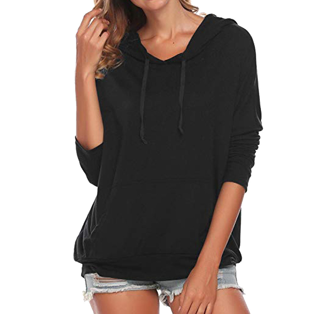 

Women Sports Pullover hoodies sweatshirts loose long sleeve plus size drawstring loose warm sports hooded O-neck running tops, Black