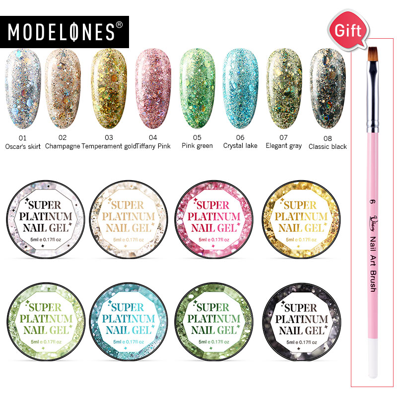 

Modelones 9Pcs/Lot Shiny Platinum Glitter UV Gel Hybrid Soak Off Nail Gel Polish Semi Permanent Led Nail Varnish Sequins, 9pcs kit