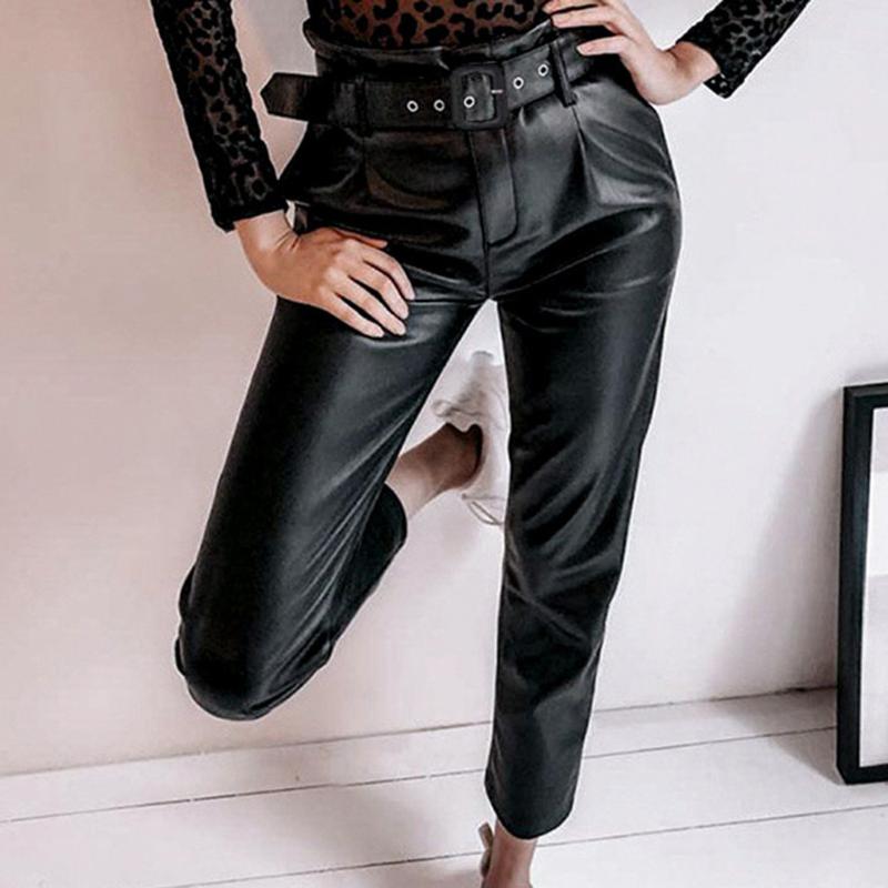 

Pu Faux Leather Pants Women High Waist Elastic Lace Up Slim Bottoms Pants Ladies Sexy Club Trousers Women Pantalon#3, Black